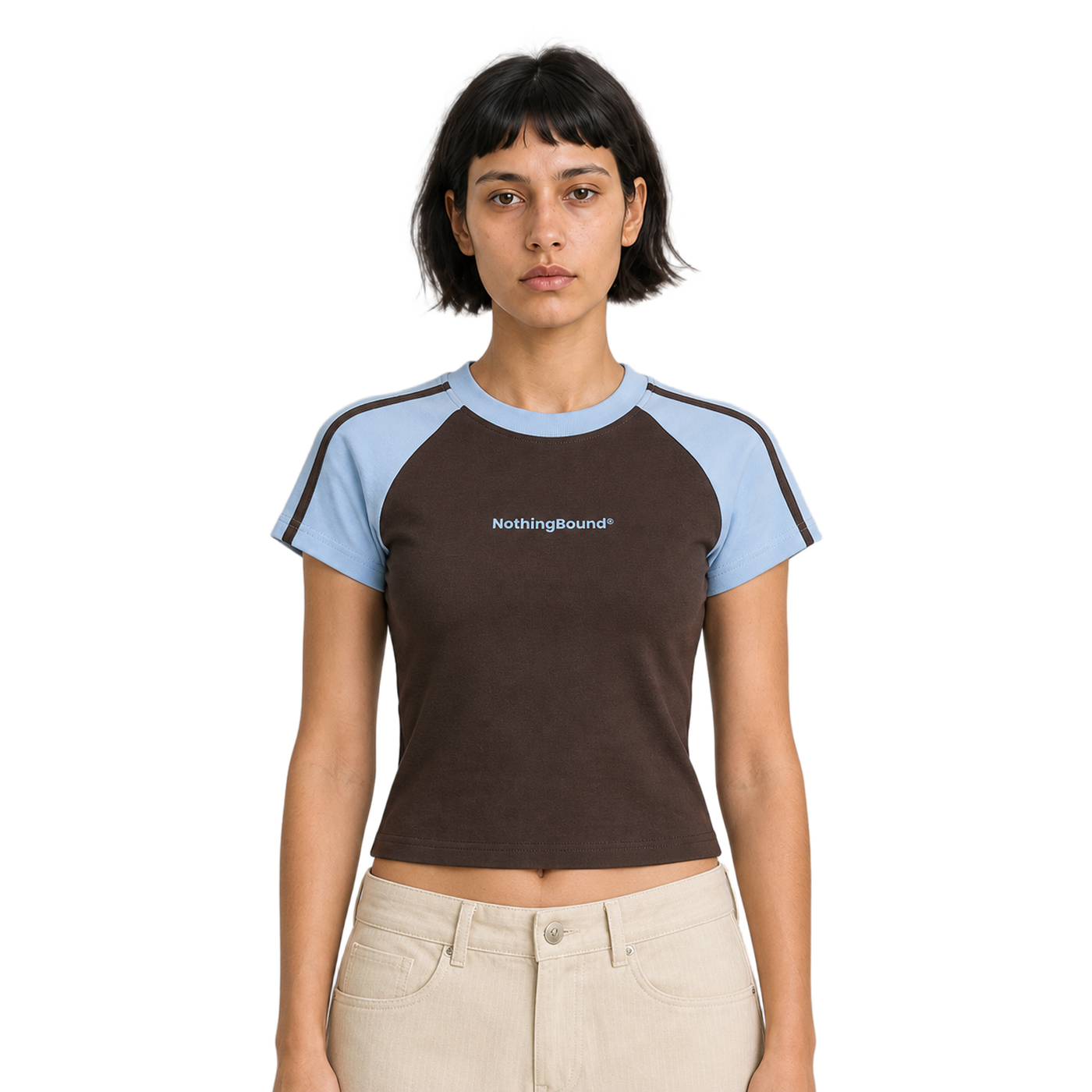 Contrast Raglan Tee marron y azul polvo - vista frontal de fit
